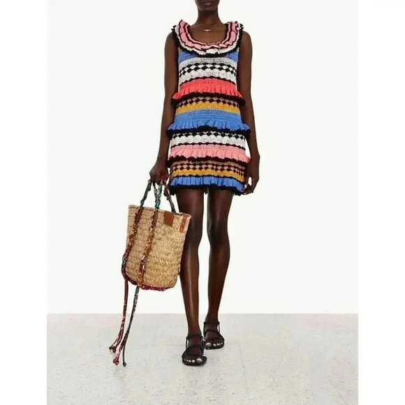 $950 Zimmermann Handmade Real Croch Tiggy Frill Tiered Pompom Dress Resort Sz 12 - Picture 4 of 16